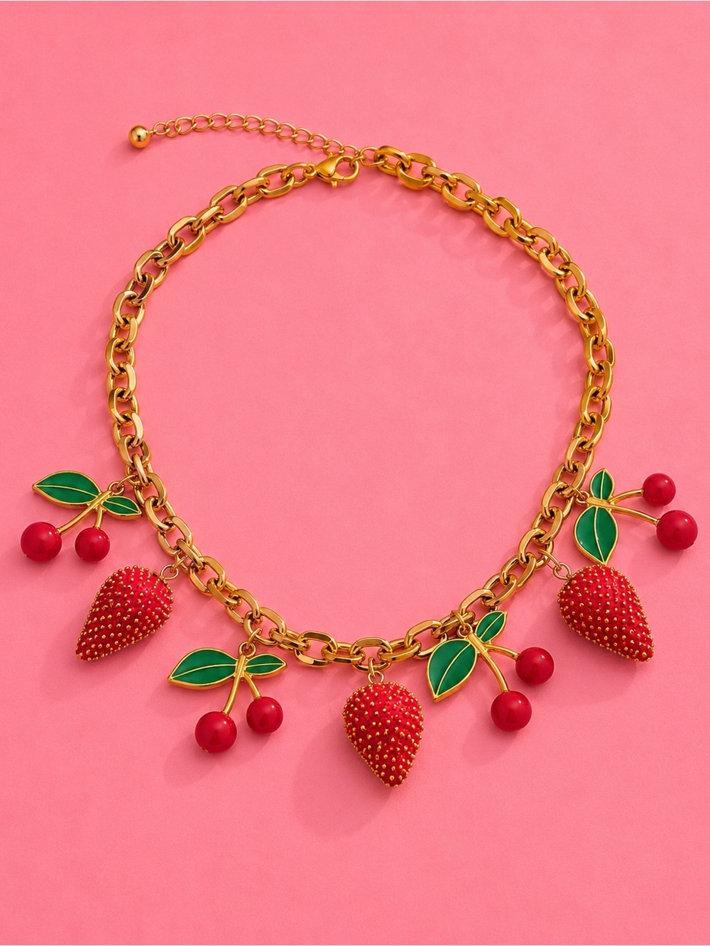 Red Strawberry Cherry Fruit Gold Necklace